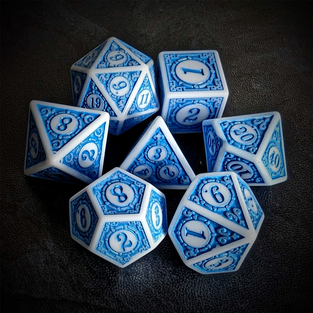 Blue Lattice on White Acrylic - 7pcs RPG Full Dice Set