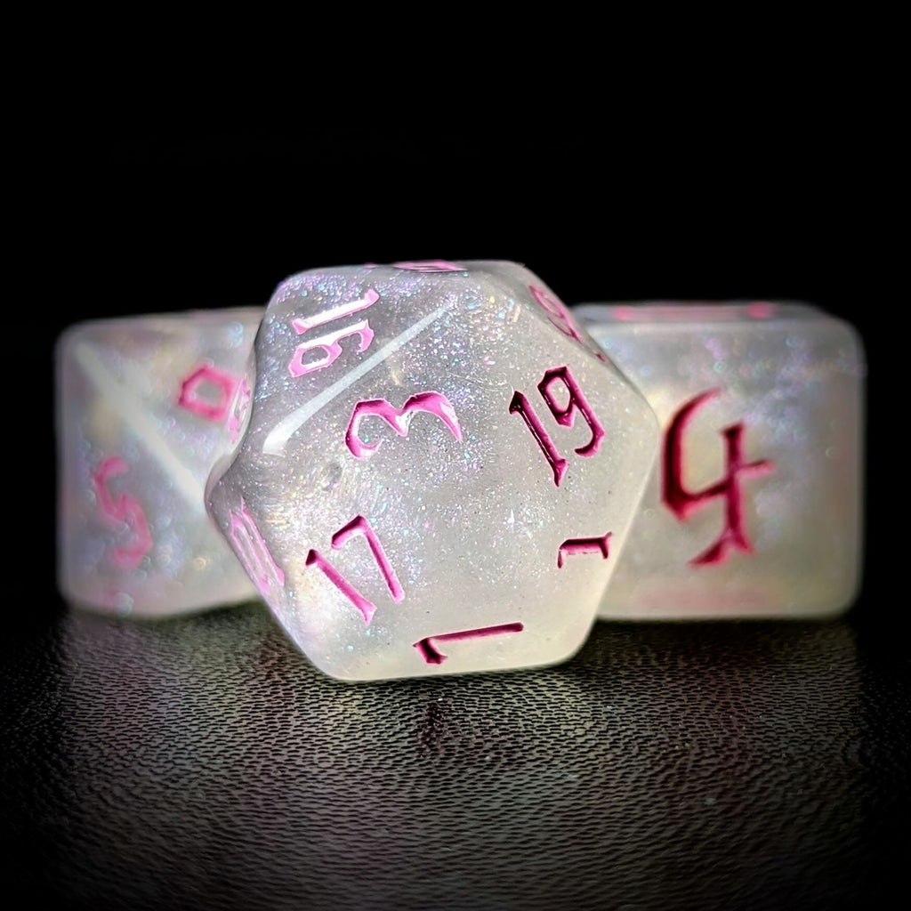 Glitter in White Acrylic with Pink Font - 7pcs RPG Full Dice Set