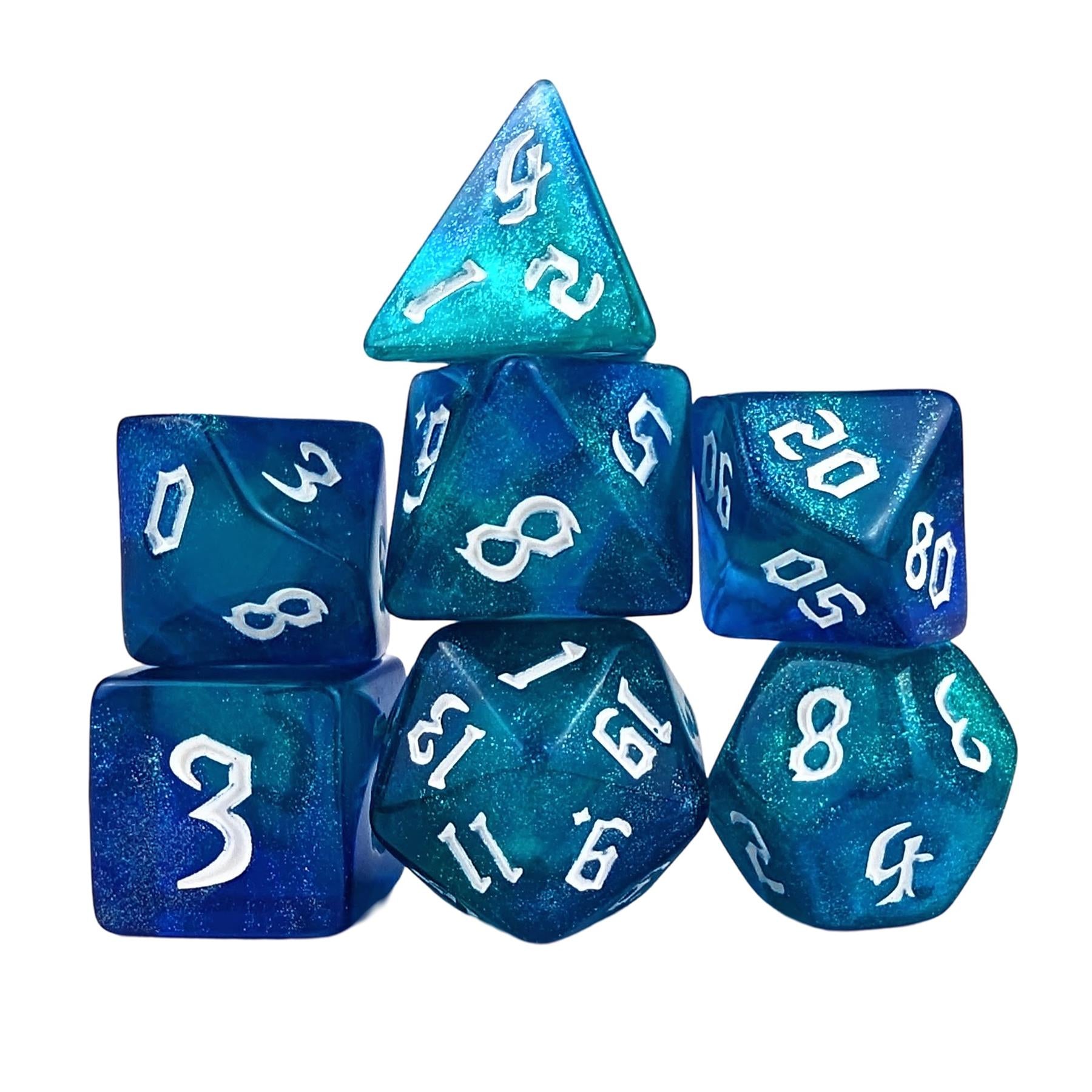 Glitter in Blue & Cyan Acrylic - 7pcs RPG Full Dice Set