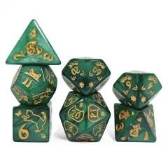 Gold Cats on Green Acrylic - 7pcs RPG Full Dice Set