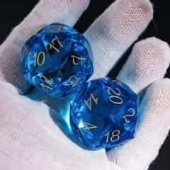 D20 30mm Dice Gem Glass Facet Gold Font Blue