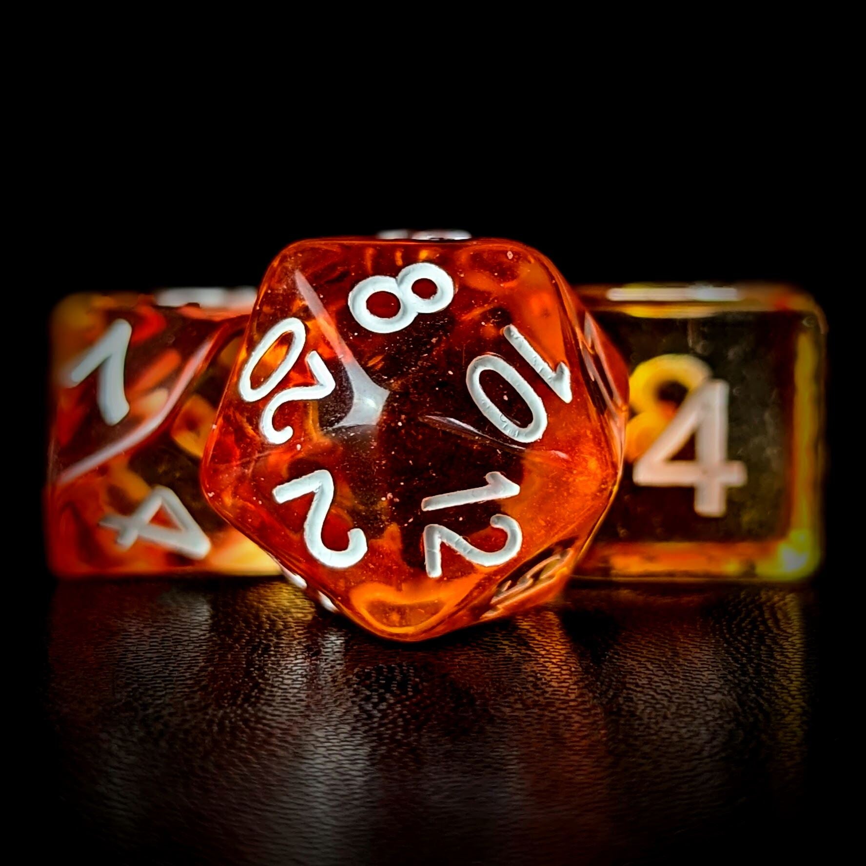 Red & Yellow Swirl in Clear Resin - 7pcs RPG Full Dice Set