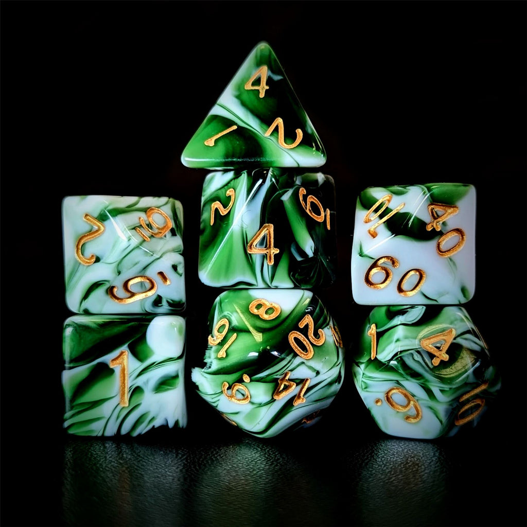Blend of White & Green Acrylic - 7pcs RPG Full Dice Set