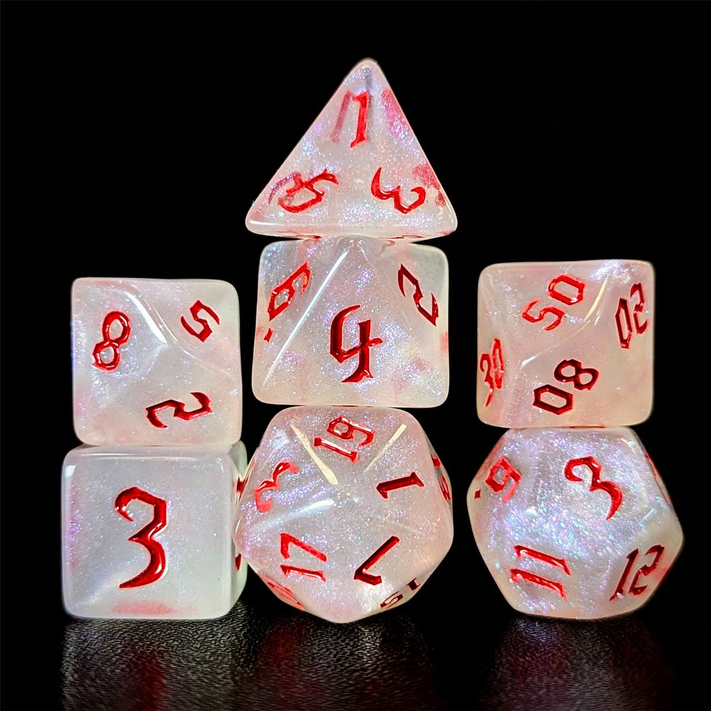 Glitter in White Acrylic with Red Font - 7pcs RPG Full Dice Set