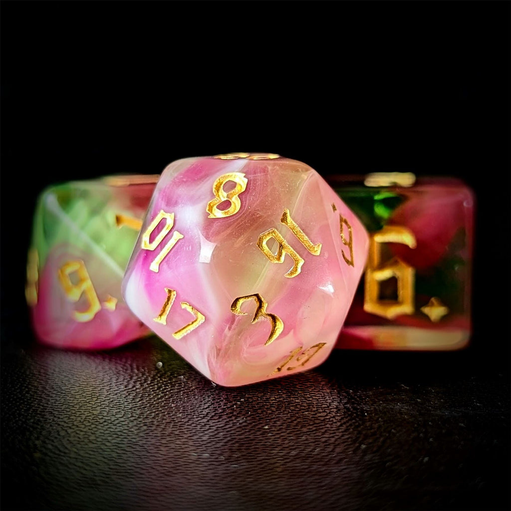 Blend of Green & Pink Acrylic - 7pcs RPG Full Dice Set
