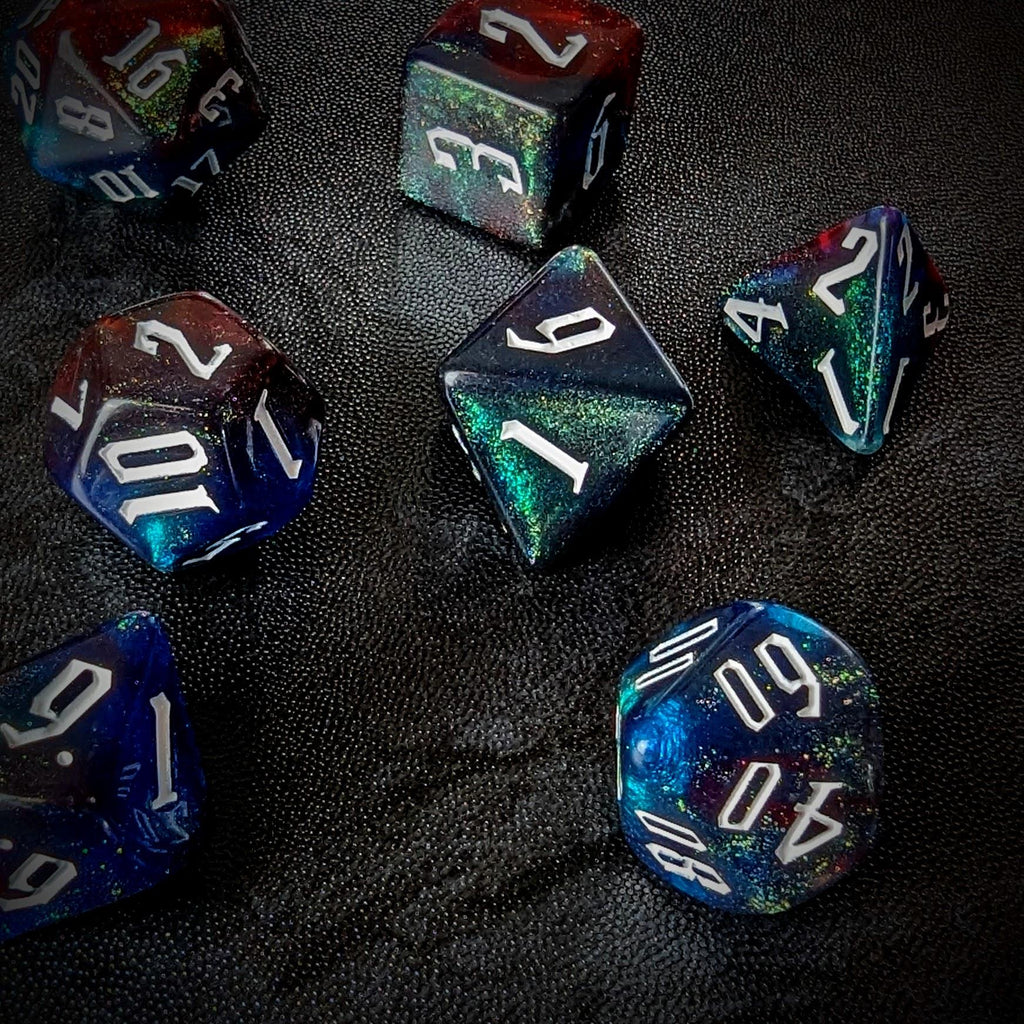 Glitter in Red & Blue Acrylic - 7pcs RPG Full Dice Set