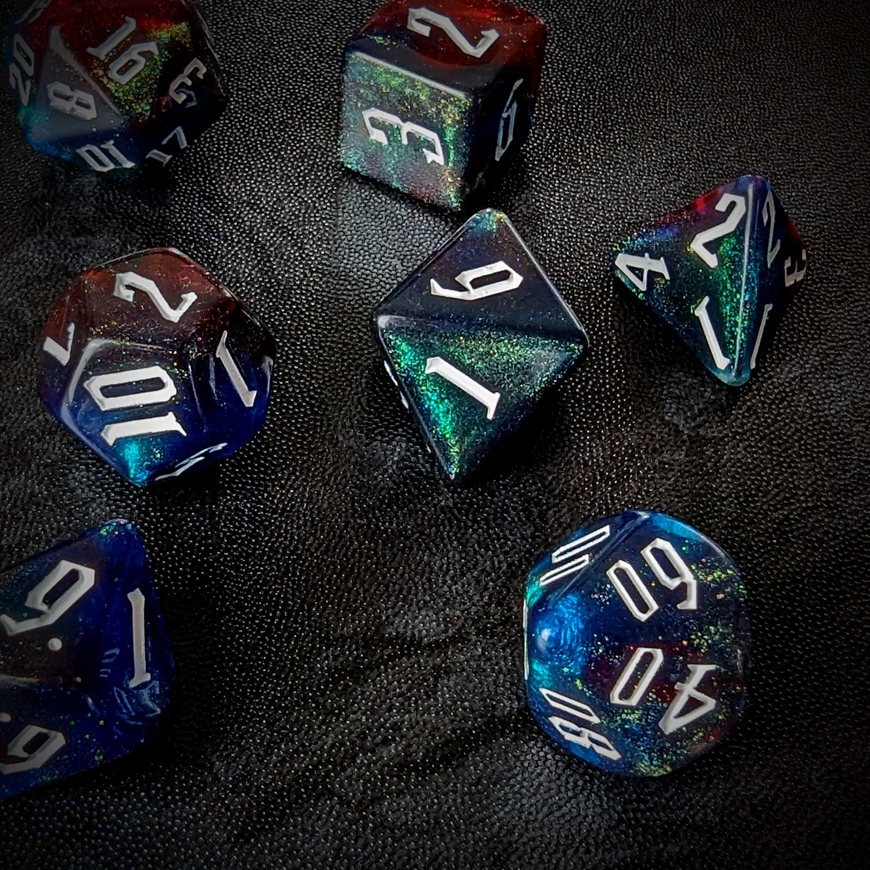 Glitter in Red & Blue Acrylic - 7pcs RPG Full Dice Set