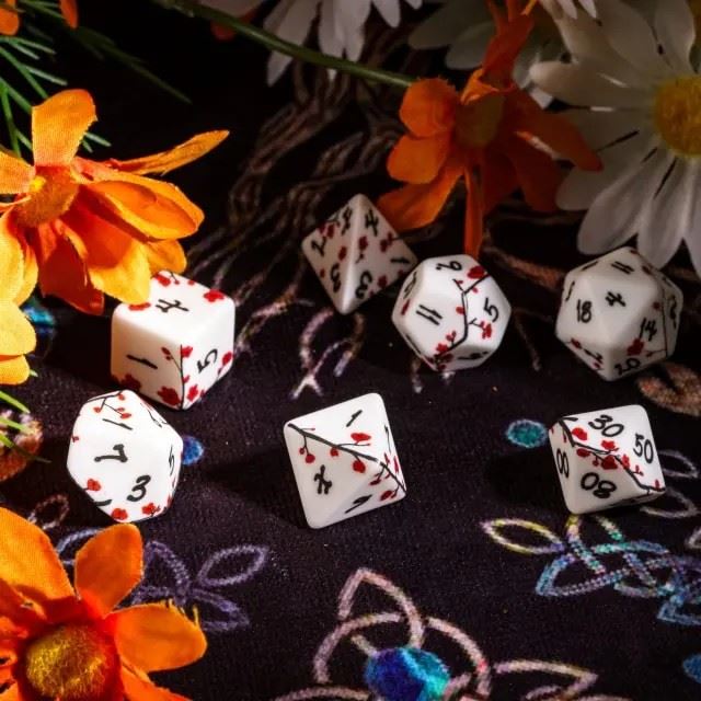Handmande Red Flowers on White Resin -  7pcs RPG Dice Set
