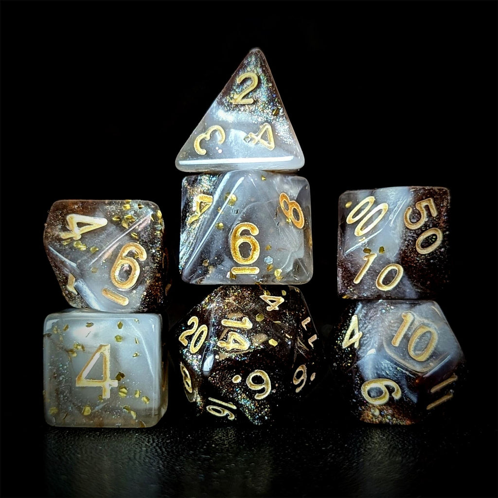 Glitter in White & Brown Acrylic - 7pcs RPG Full Dice Set