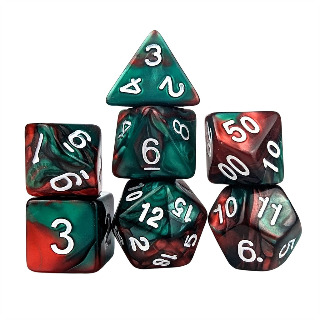 Blend of Red & Green Acrylic - 7pcs RPG Full Dice Set