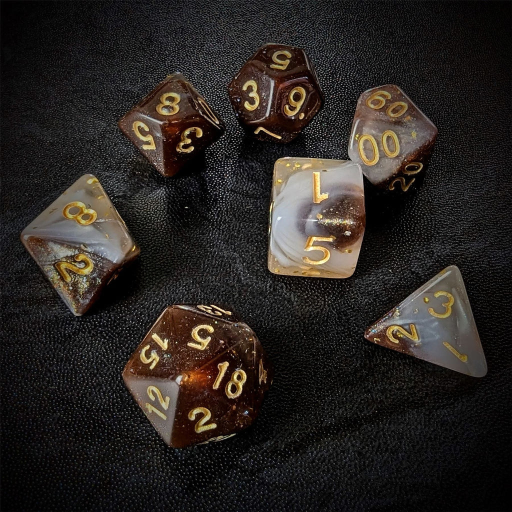 Glitter in White & Brown Acrylic - 7pcs RPG Full Dice Set