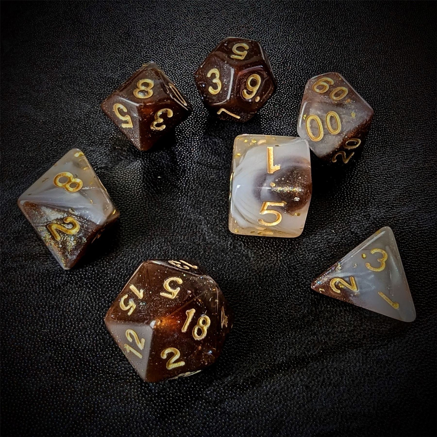 Glitter in White & Brown Acrylic - 7pcs RPG Full Dice Set