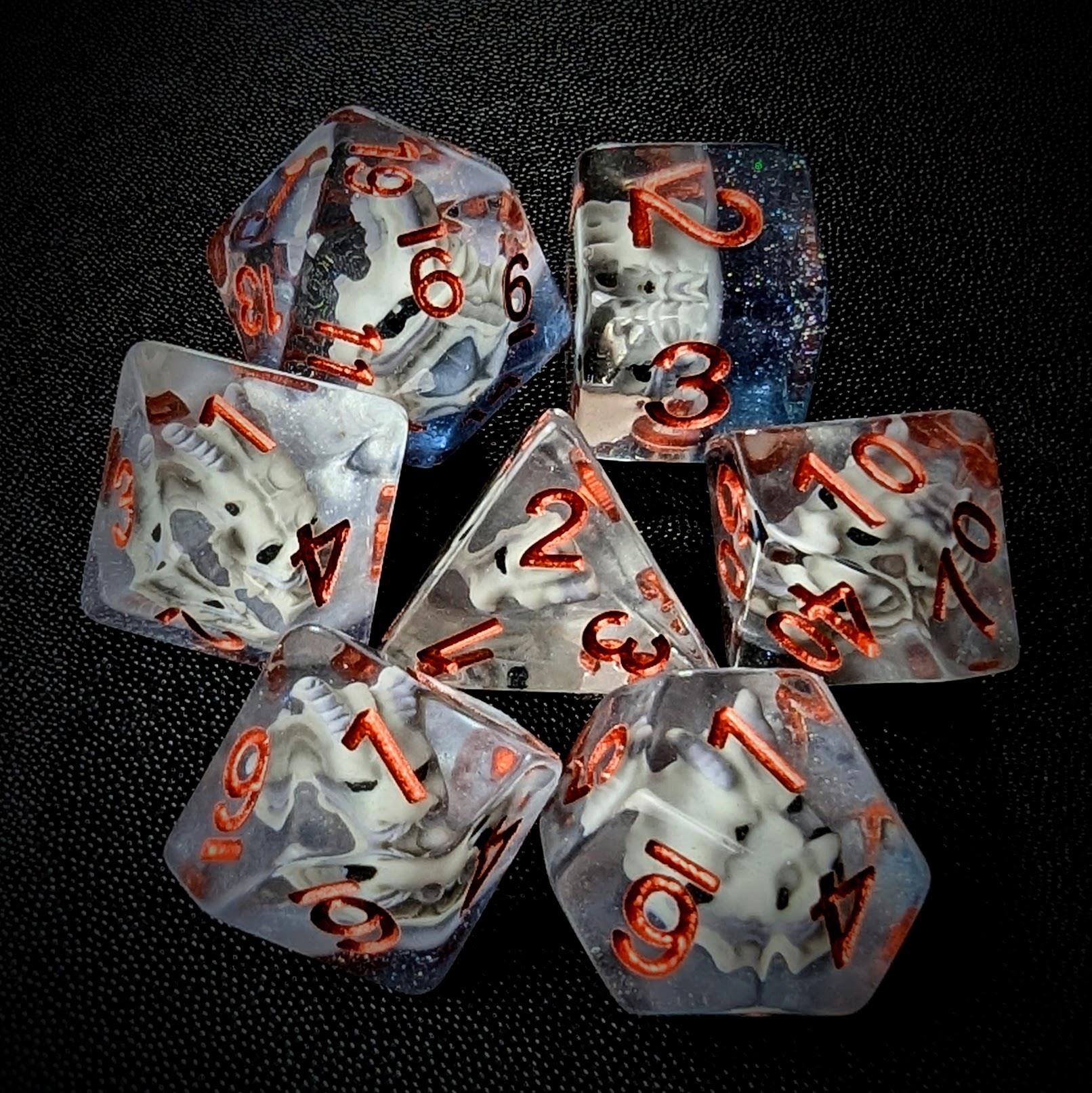 Dragon Skull in Clear & Blue Resin - 7pcs RPG Full Dice Set