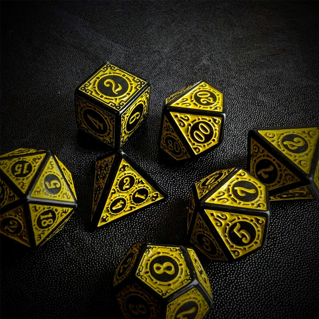 Yellow Lattice on Black Acrylic - 7pcs RPG Full Dice Set