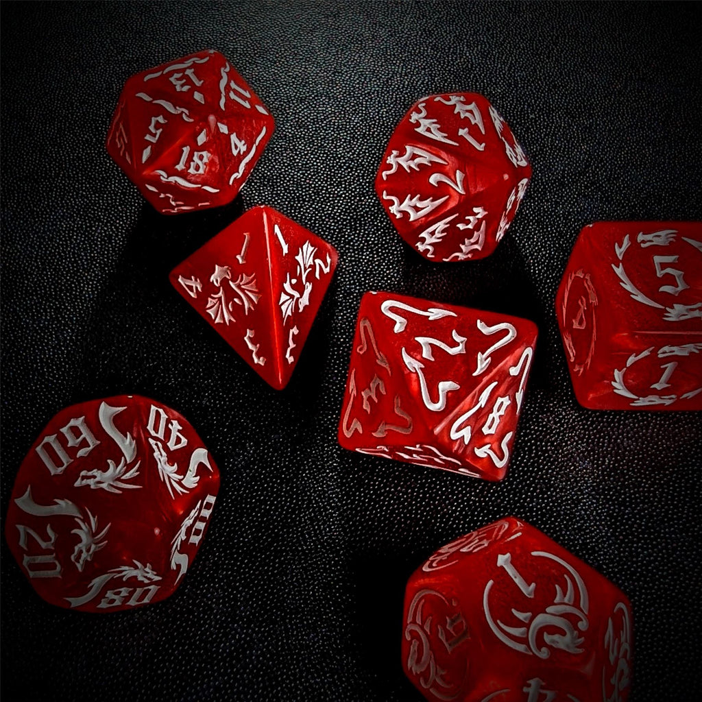 White Dragon on Red Acrylic - 7pcs RPG Full Dice Set