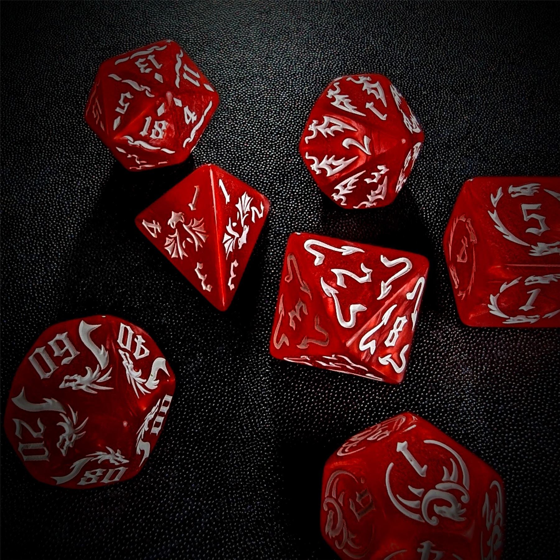 White Dragon on Red Acrylic - 7pcs RPG Full Dice Set
