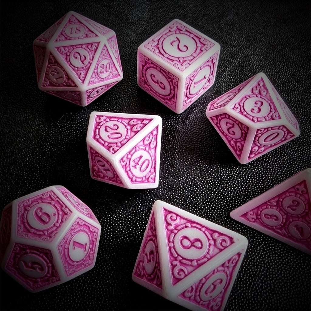 Pink Lattice on White Acrylic - 7pcs RPG Full Dice Set