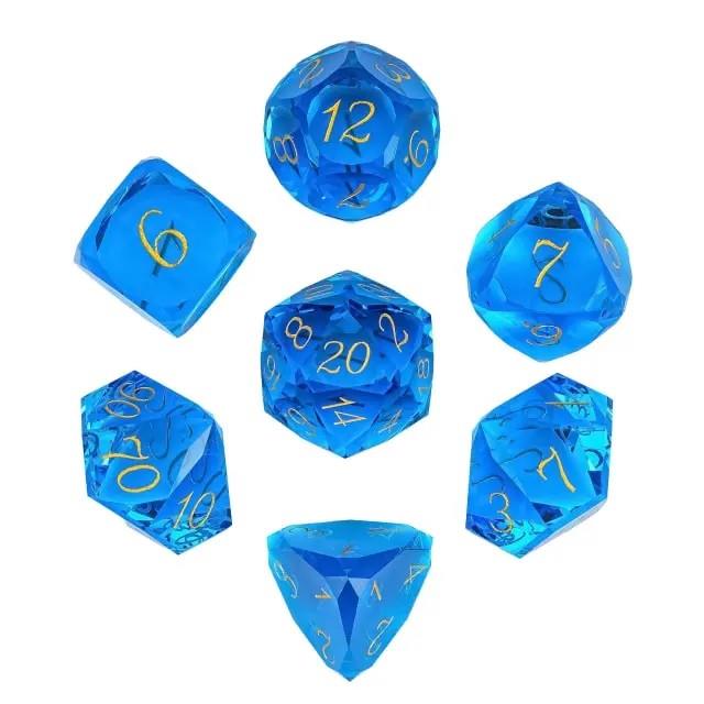 7pcs Dice Gem Glass Facet Gold Font Blue (UD)