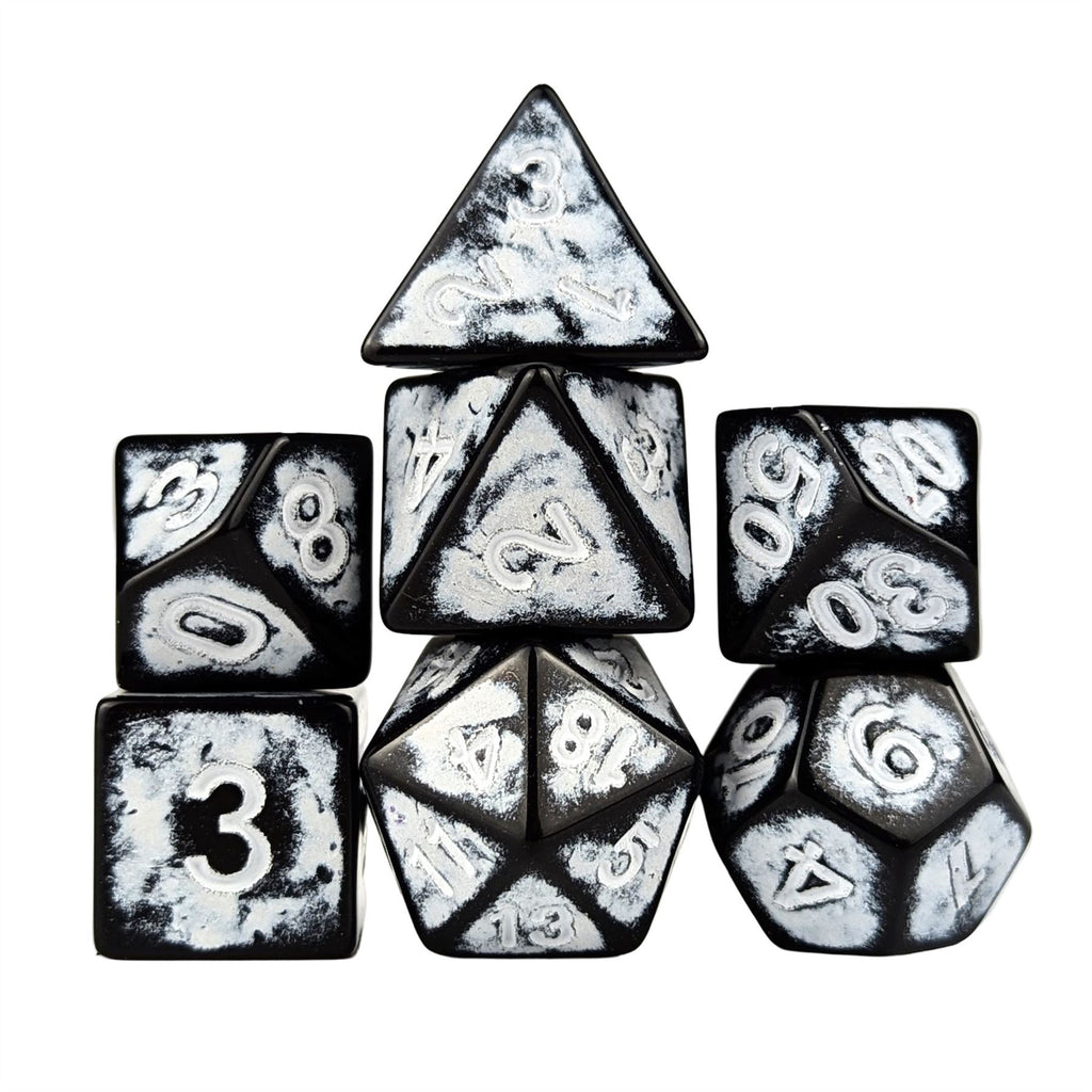 Washed White on Black Acrylic - 7pcs RPG Full Dice Set