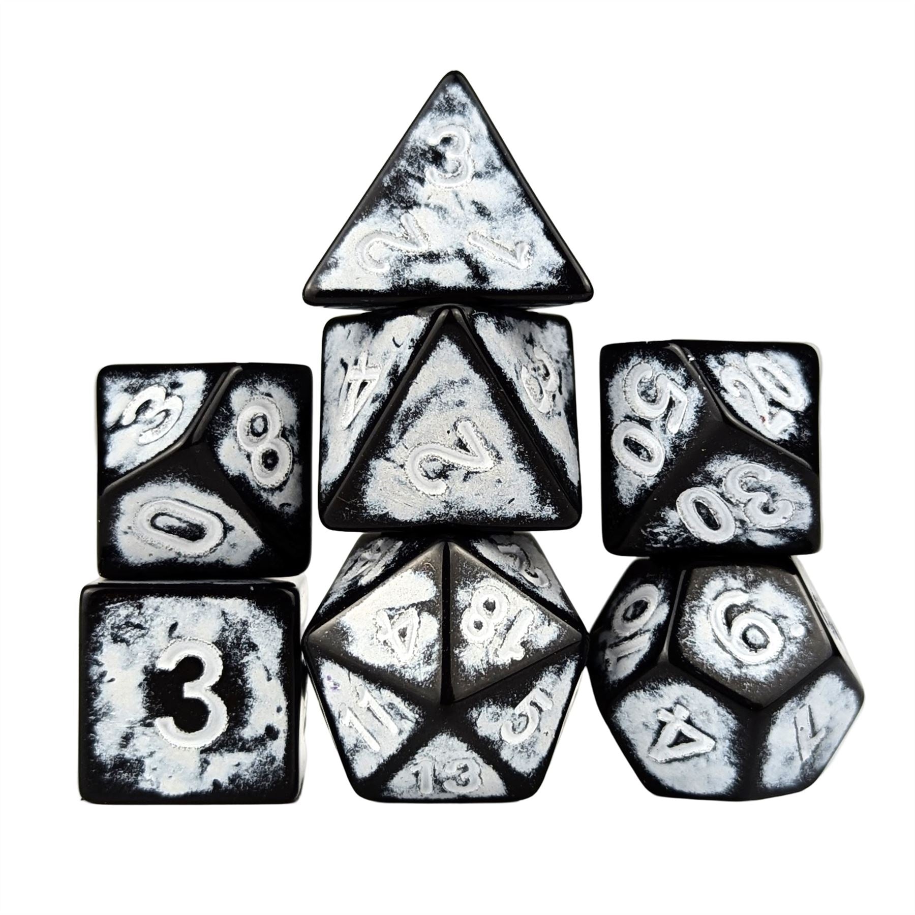 Washed White on Black Acrylic - 7pcs RPG Full Dice Set