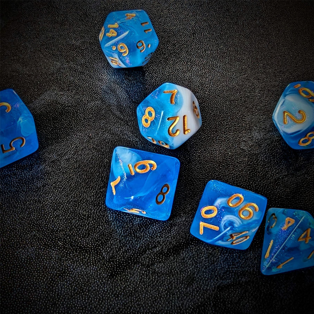 Glitter in Blue & White Acrylic - 7pcs RPG Full Dice Set