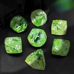 7pcs Dice Gem Glass Facet Ribbon Gold Font Clear Green