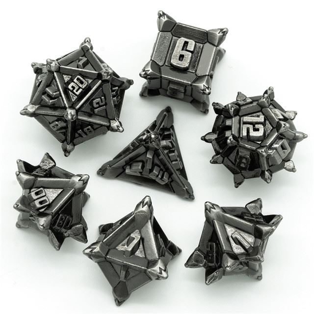 7pcs RPG Dice Set - Spiky Silver Metal