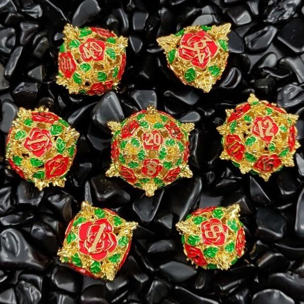 7pcs Dice Metal Hollow Rose Plant Gold Green Red