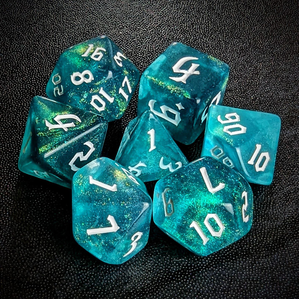 Glitter in Blue & Green Acrylic - 7pcs RPG Full Dice Set