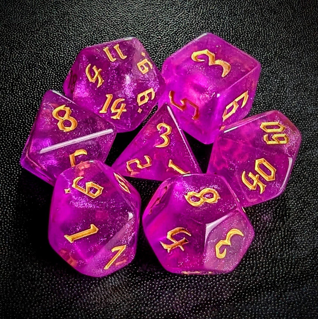 Glitter in Hot Pink Acrylic - 7pcs RPG Full Dice Set