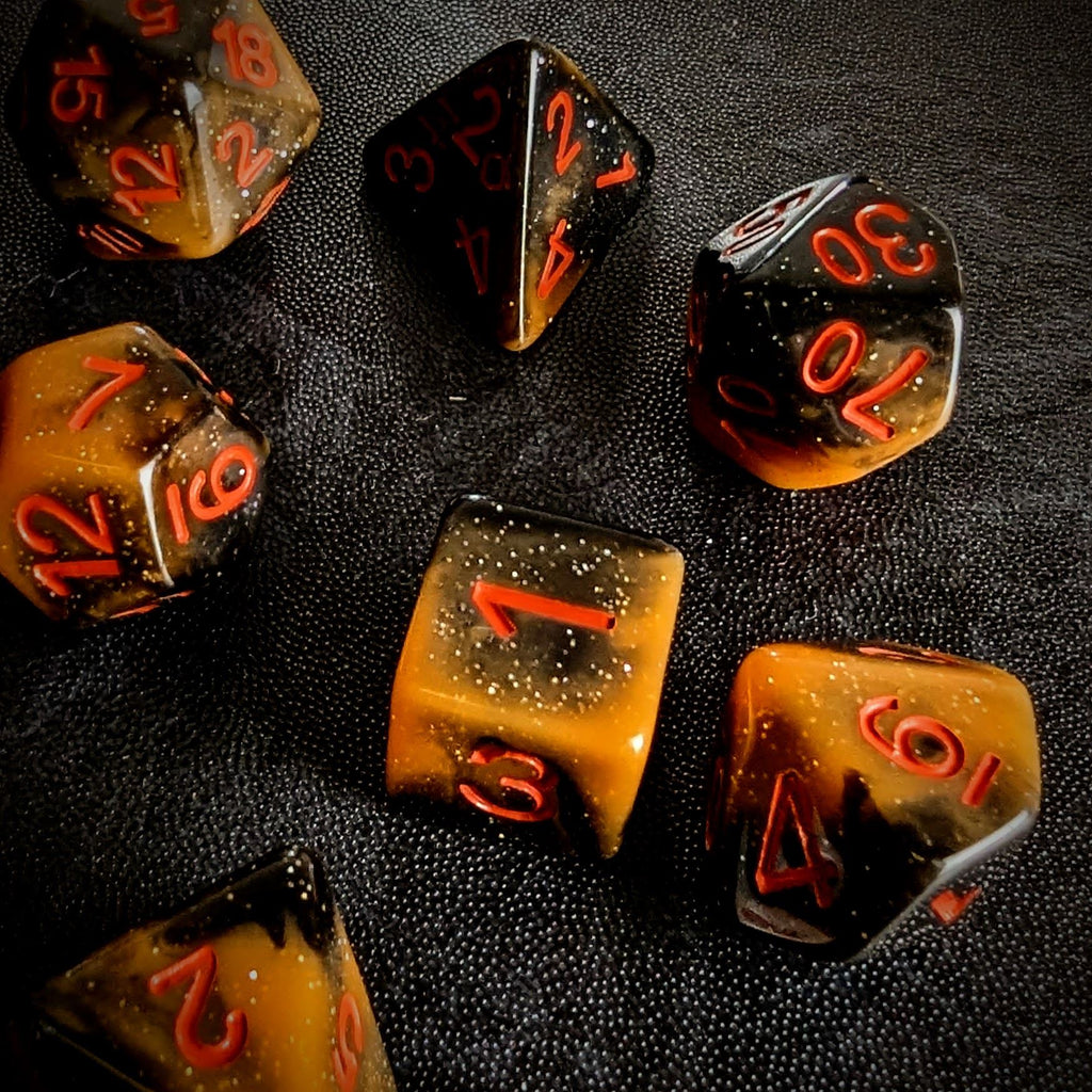 Glitter in Black & Orange Acrylic - 7pcs RPG Full Dice Set