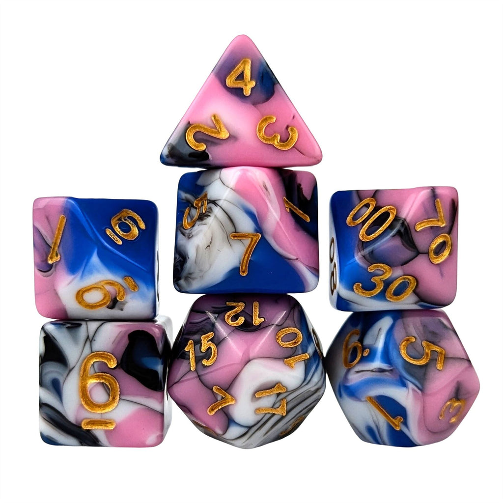 7pcs Dice Acrylic Blend Gold Font White Pink Blue Black