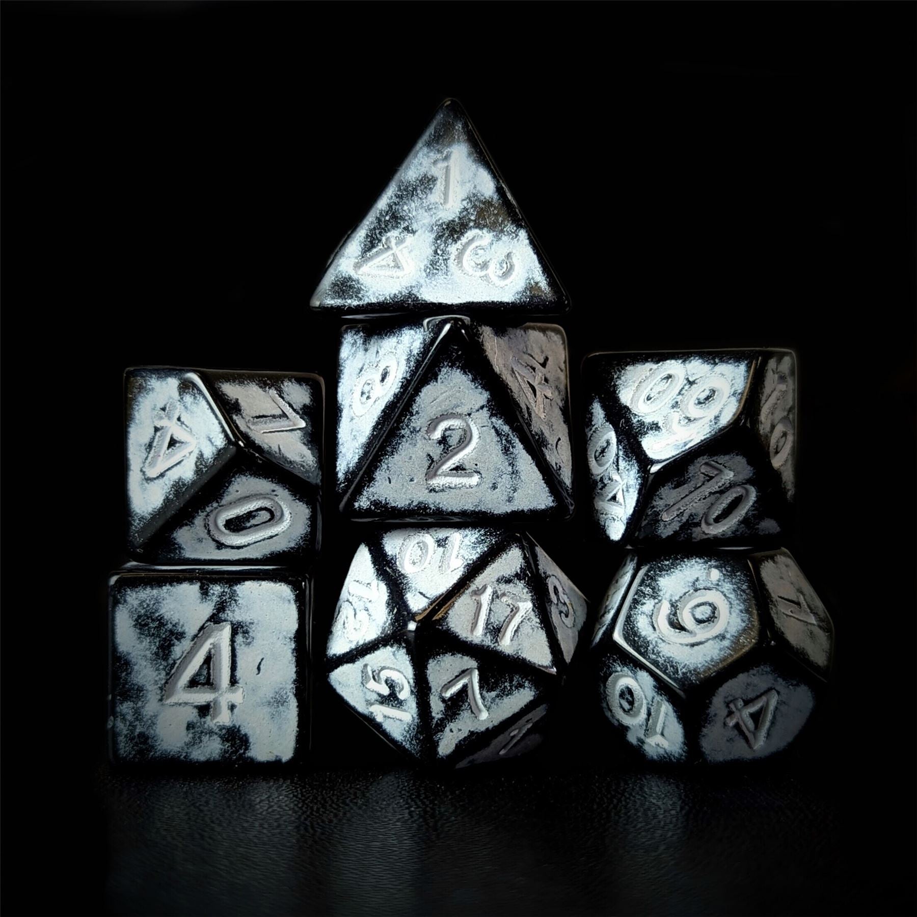 Washed White on Black Acrylic - 7pcs RPG Full Dice Set