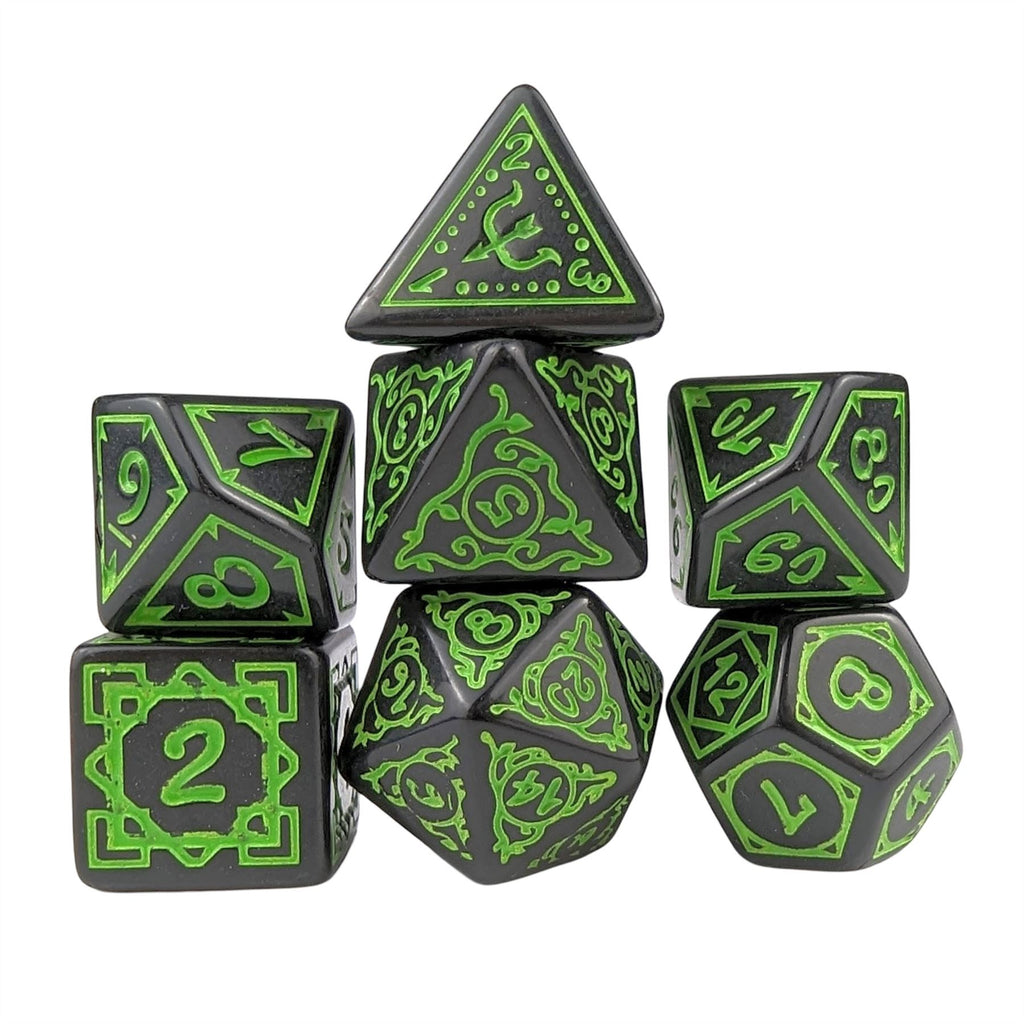 Green Vines on Black Acrylic - 7pcs RPG Full Dice Set