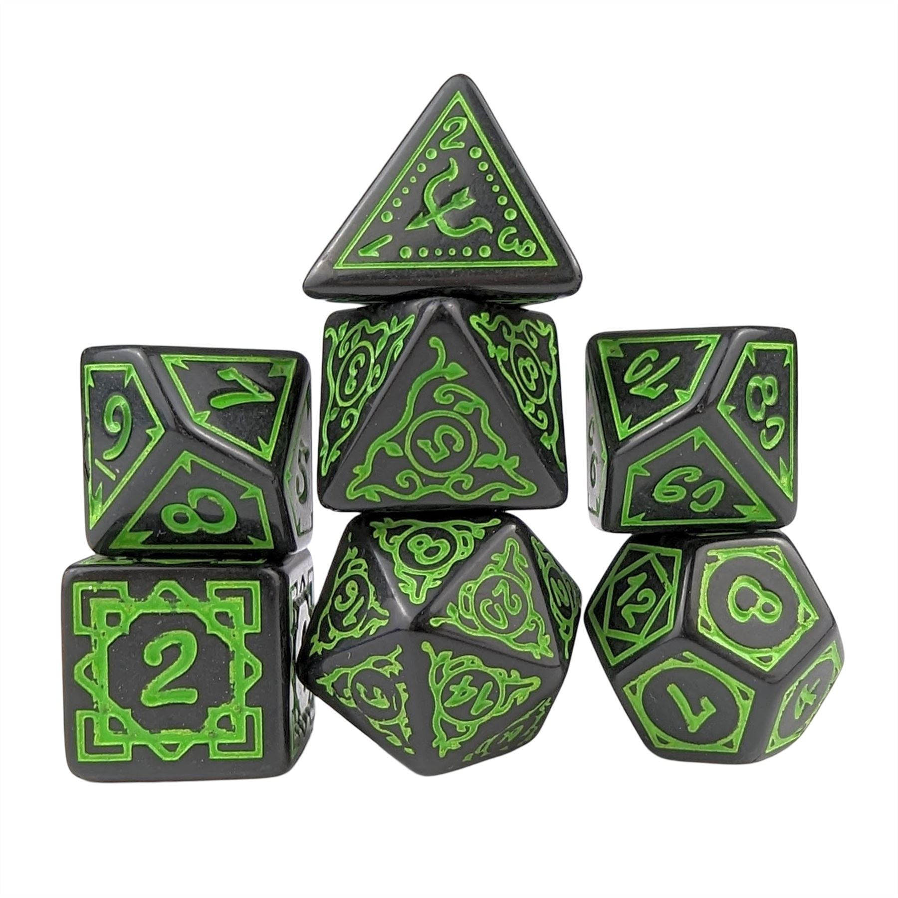 Green Vines on Black Acrylic - 7pcs RPG Full Dice Set