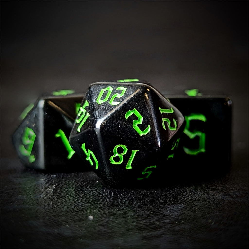 Green on Solid Black Acrylic - 7pcs RPG Full Dice Set