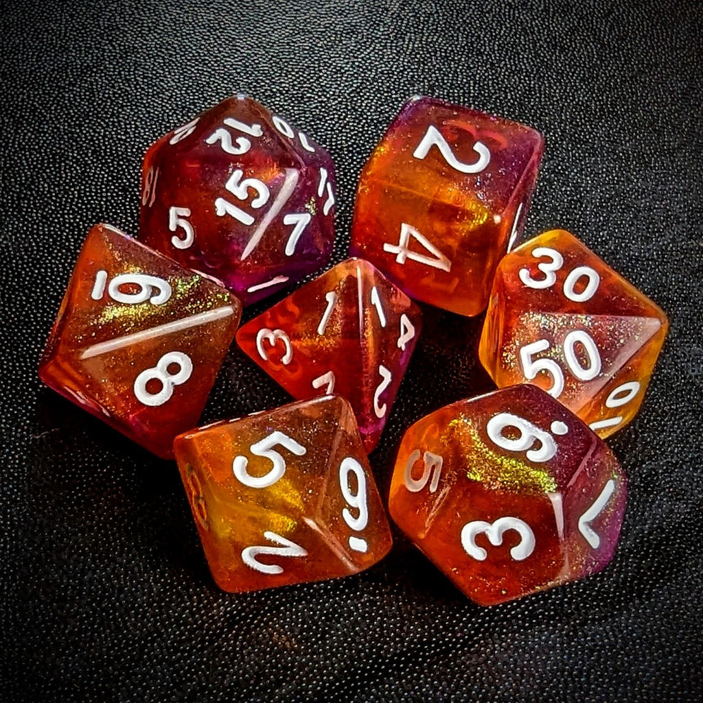 Glitter in Orange & Pink Acrylic - 7pcs RPG Full Dice Set
