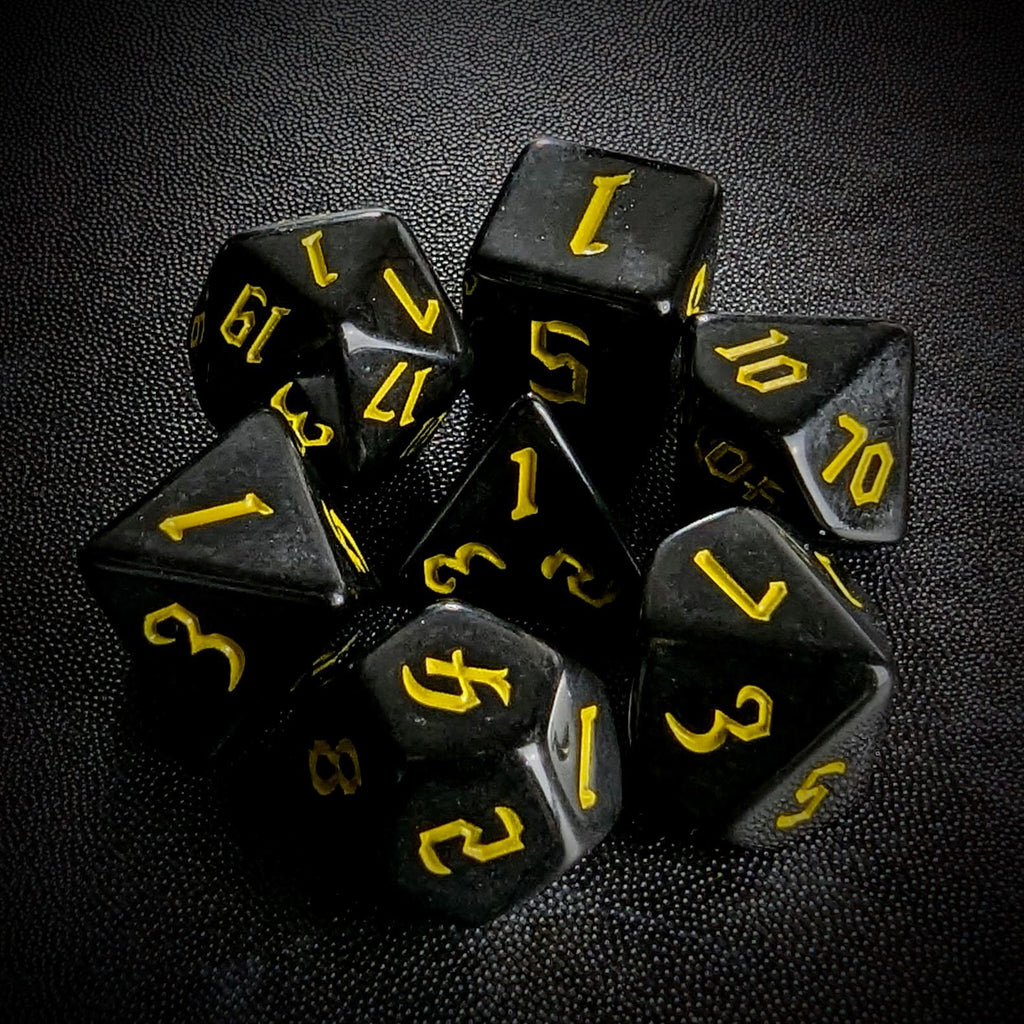 Yellow on Solid Black Acrylic - 7pcs RPG Full Dice Set