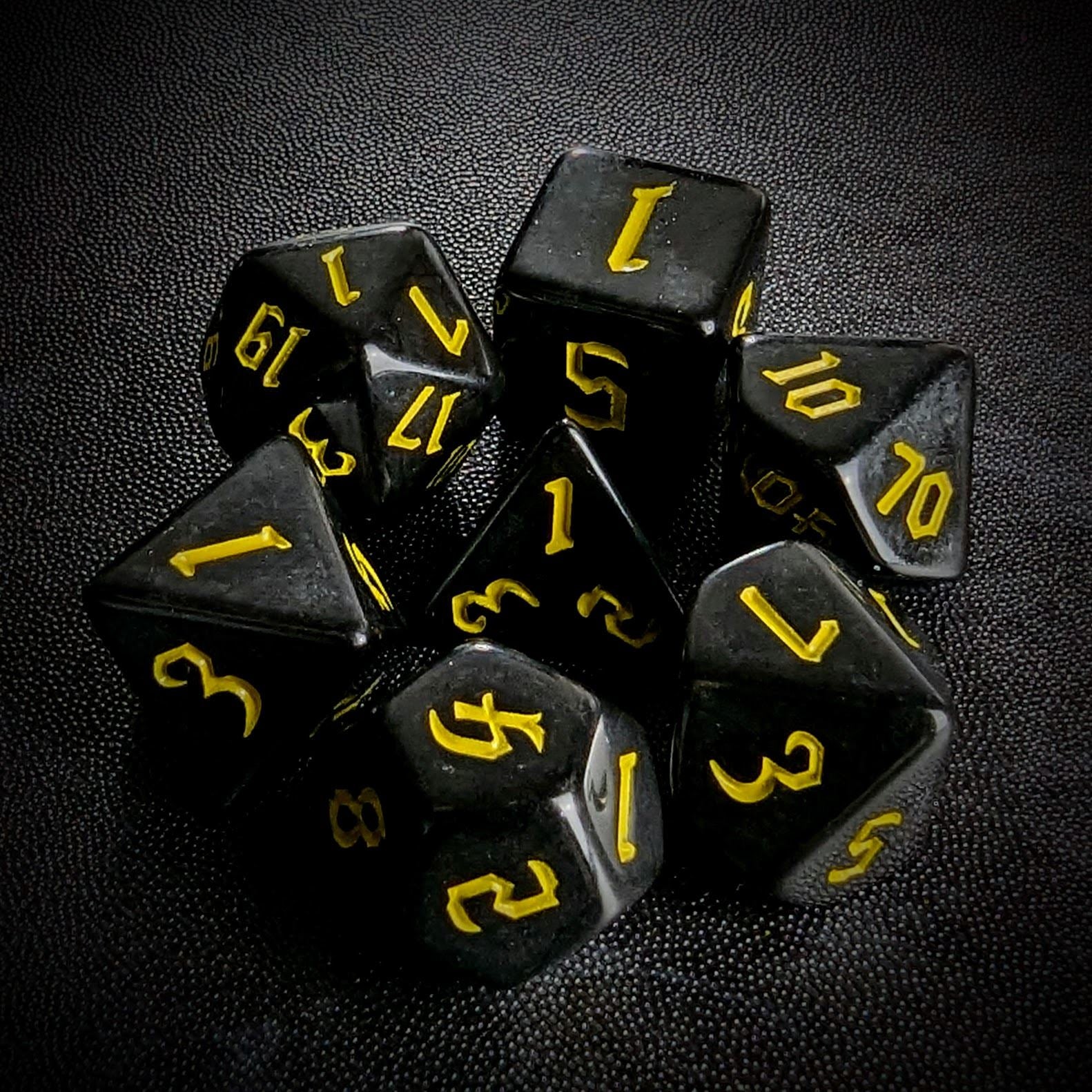 Yellow on Solid Black Acrylic - 7pcs RPG Full Dice Set