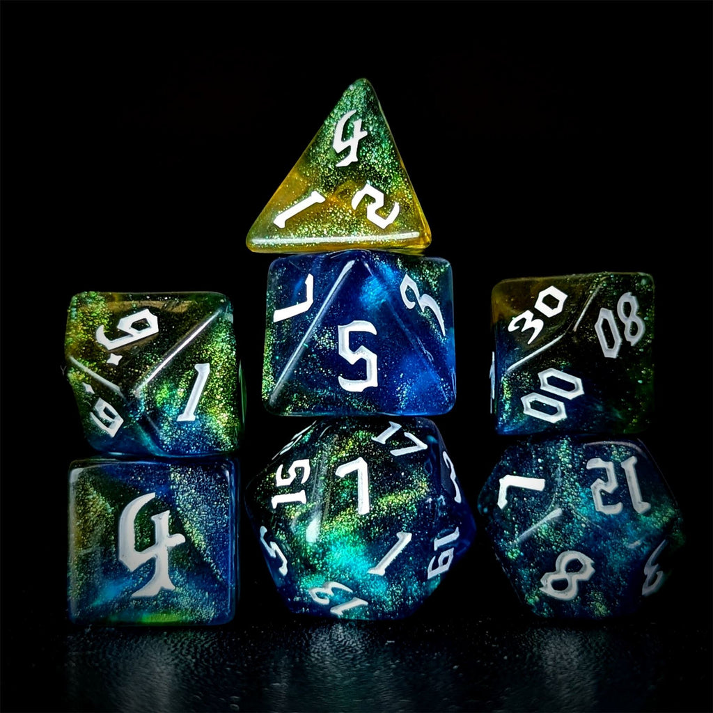 Glitter in Blue & Yellow Acrylic - 7pcs RPG Full Dice Set