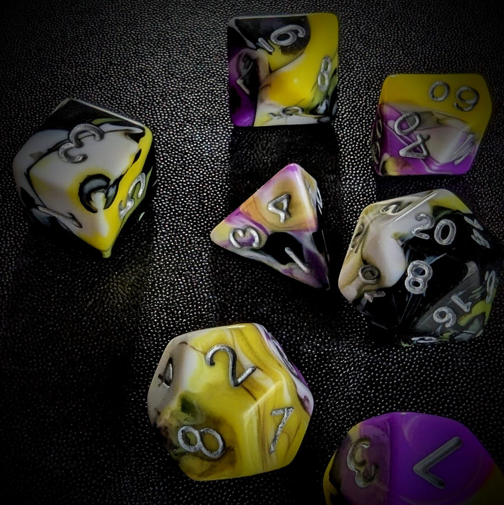7pcs Dice Acrylic Blend Silver Font Purple Black Yellow