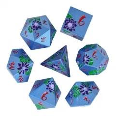 Purple Lotus Flower in Blue Metal - 7pcs RPG Dice Set