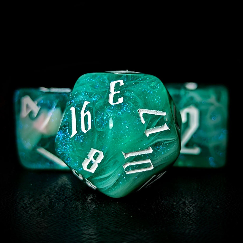 Glitter in Green & Pink Acrylic - 7pcs RPG Full Dice Set