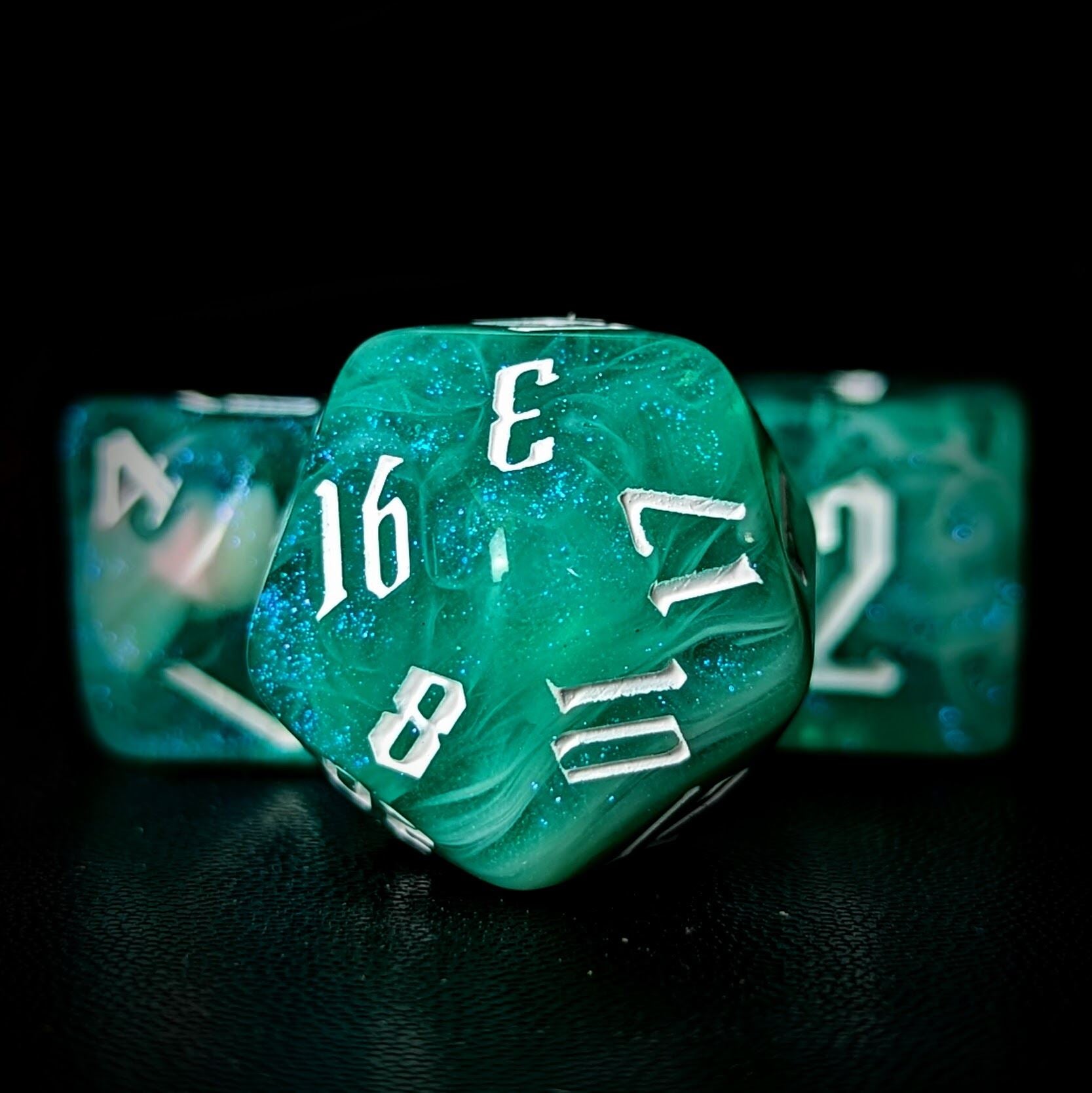 Glitter in Green & Pink Acrylic - 7pcs RPG Full Dice Set
