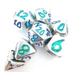 Green & Cyan Font in Silver Metal - 7pcs RPG Dice Set