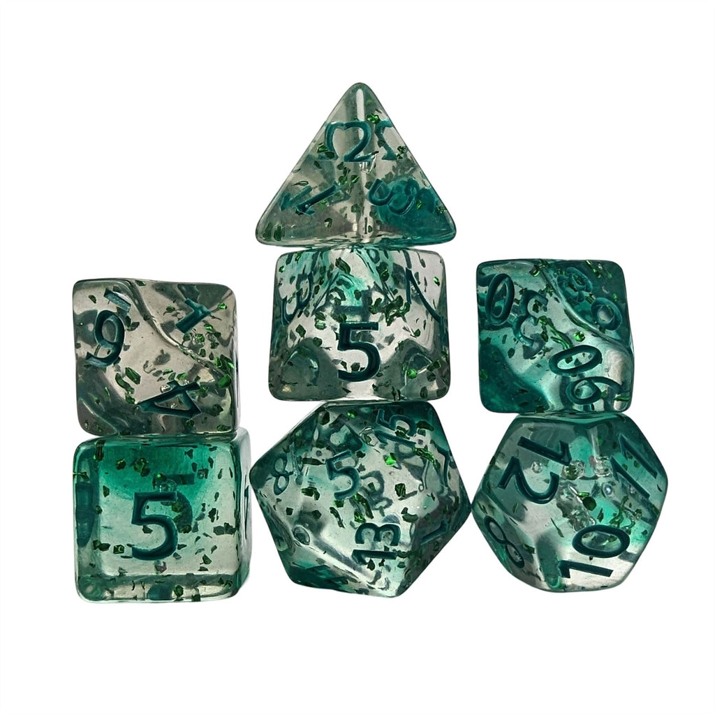 Glitter in Clear Green Acrylic - 7pcs RPG Full Dice Set