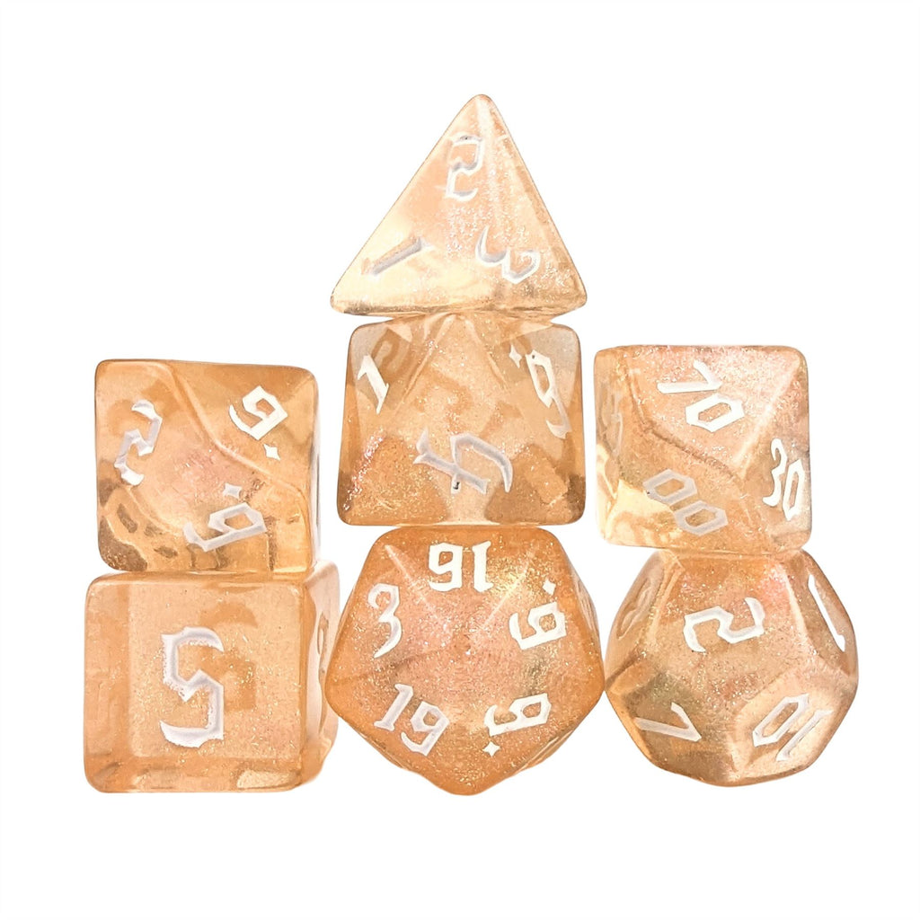 Glitter in Clear Orange Acrylic - 7pcs RPG Full Dice Set
