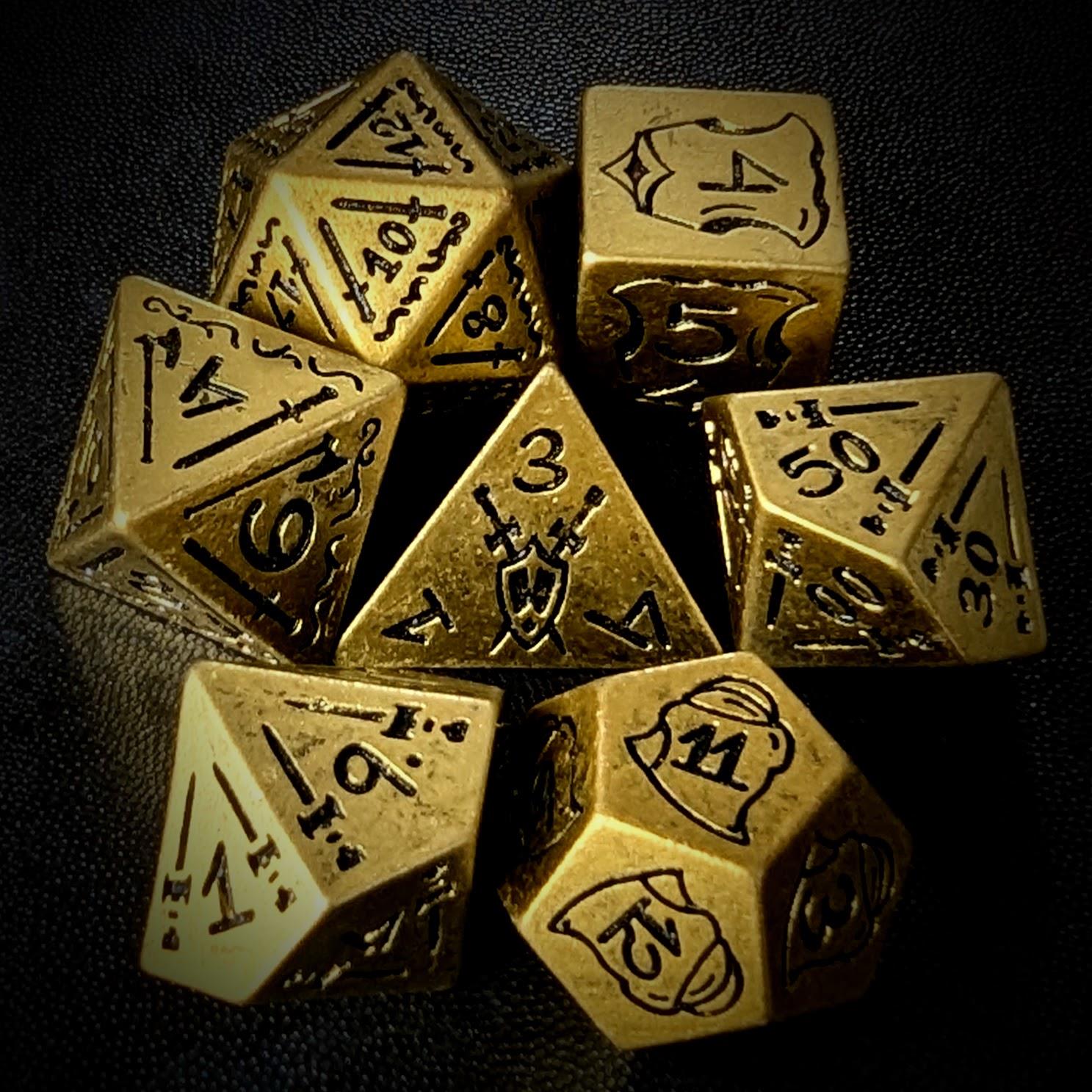 7pcs RPG Full Dice Set - Black Pattern on Gold Resin