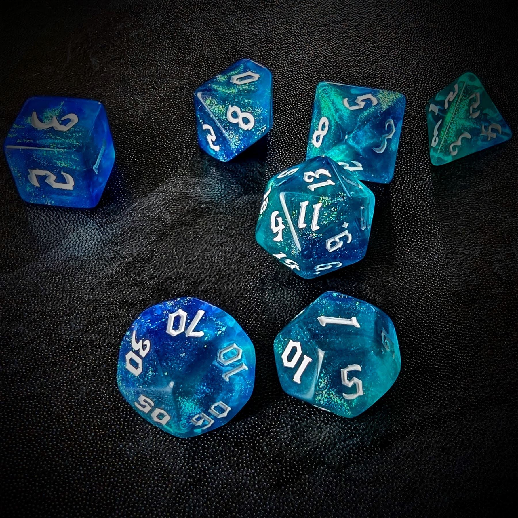Glitter in Blue & Cyan Acrylic - 7pcs RPG Full Dice Set