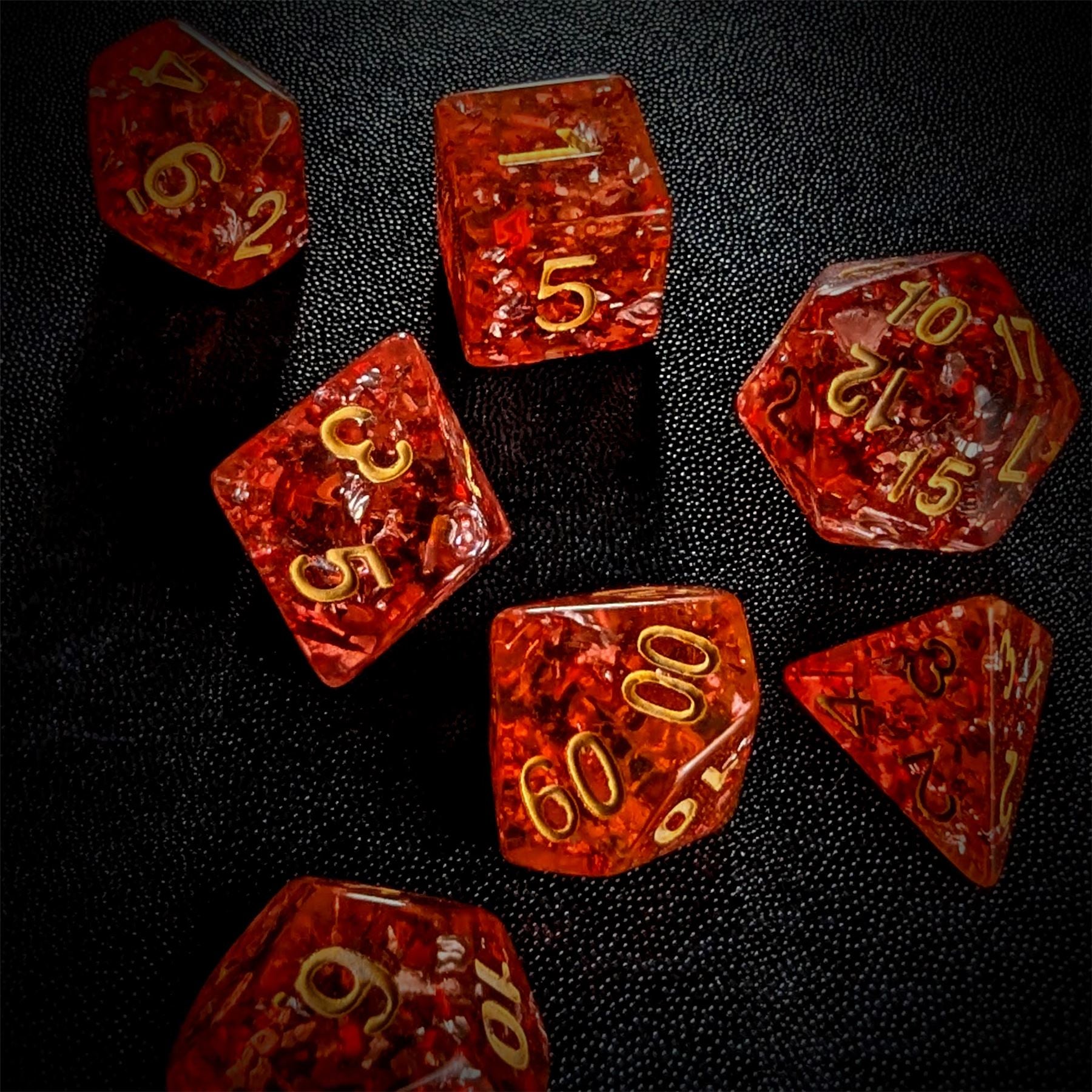 Silver Foil in Clear & Red Resin - 7pcs RPG Full Dice Set